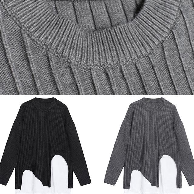 Black Knit Tops O Neck False Two Pieces Oversize Knitted Blouse