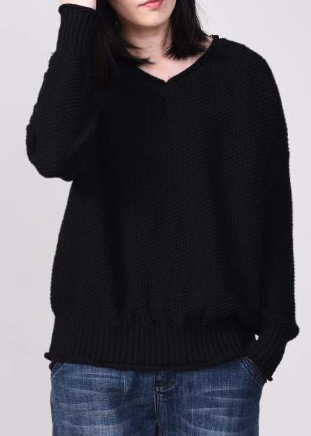 Black Knit Tops Autumn Sweater V Neck