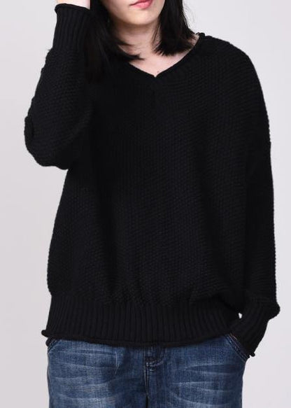 Black Knit Tops Autumn Sweater V Neck