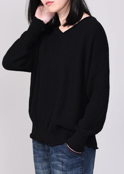 Black Knit Tops Autumn Sweater V Neck