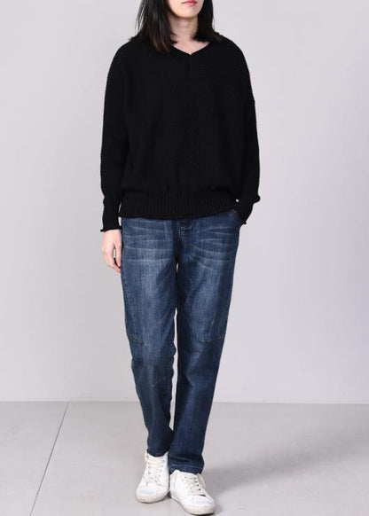 Black Knit Tops Autumn Sweater V Neck