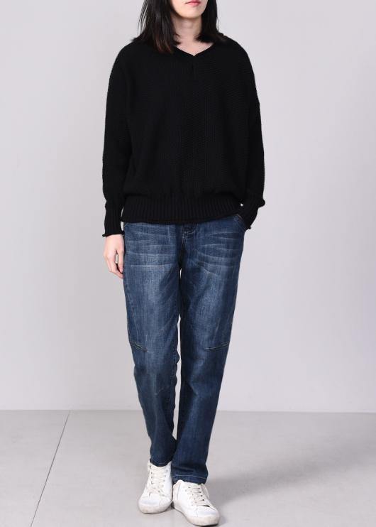Black Knit Tops Autumn Sweater V Neck