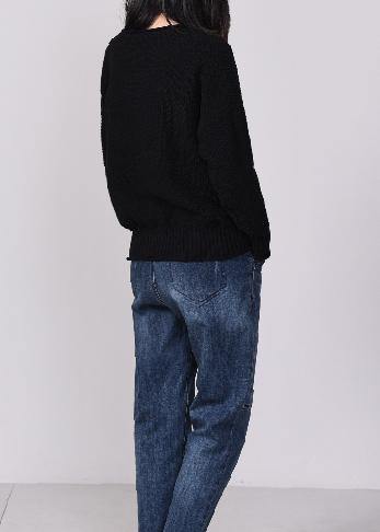 Black Knit Tops Autumn Sweater V Neck