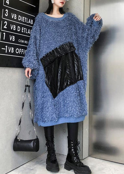 Blue Sweater Weather O Neck Tassel Big Sweater Dresses