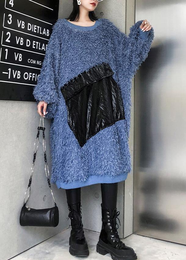 Blue Sweater Weather O Neck Tassel Big Sweater Dresses