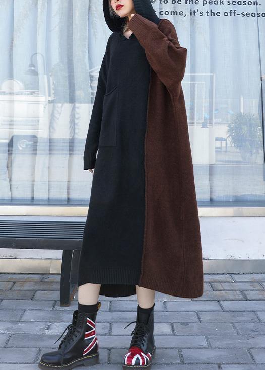 Brown Patchwork Sweater Aesthetic Hooded Winter Knitted Tops