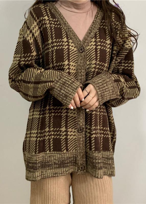 Brown Plaid Knit Cardigans Loose Fitting Winter Knit Outwear V Neck