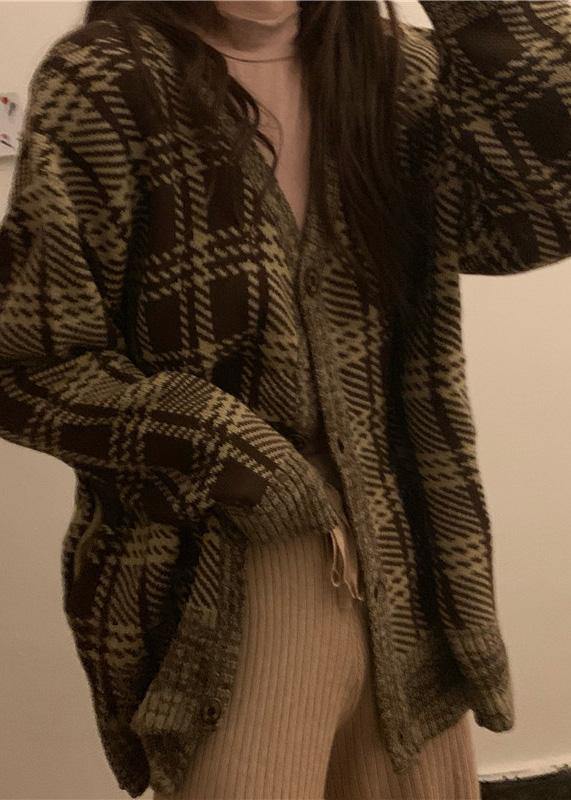 Brown Plaid Knit Cardigans Loose Fitting Winter Knit Outwear V Neck