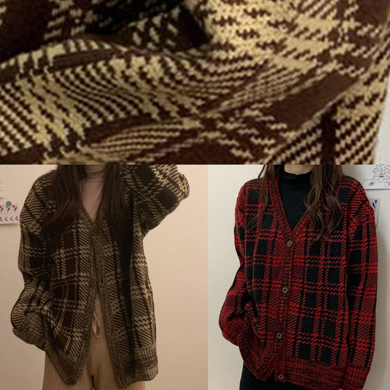 Brown Plaid Knit Cardigans Loose Fitting Winter Knit Outwear V Neck