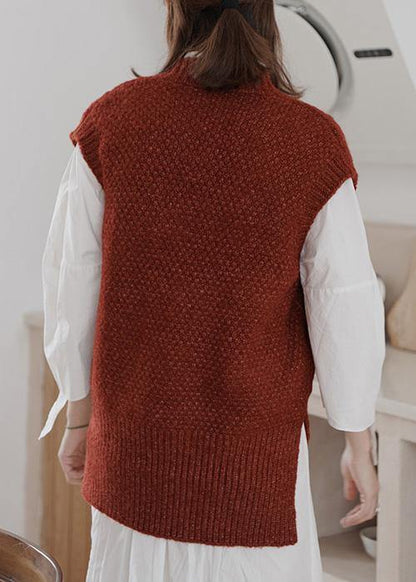 Burgundy Sweater Tops Loose Fitting Sleeveless Knitwear V Neck
