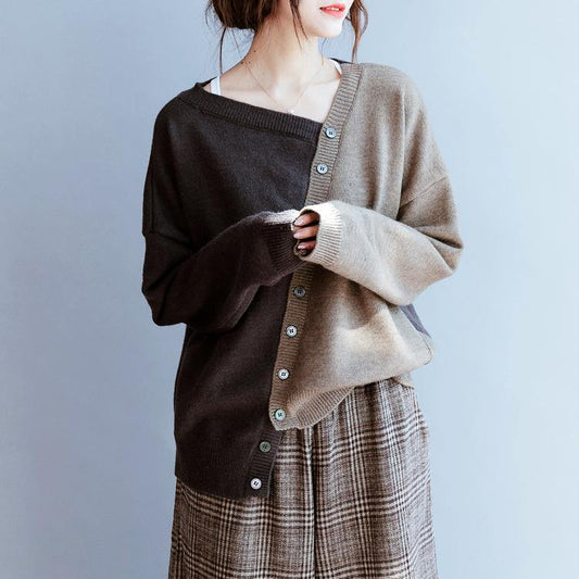 Fall Chocolate Knitted Blouse V Neck Patchwork Sweater Tops