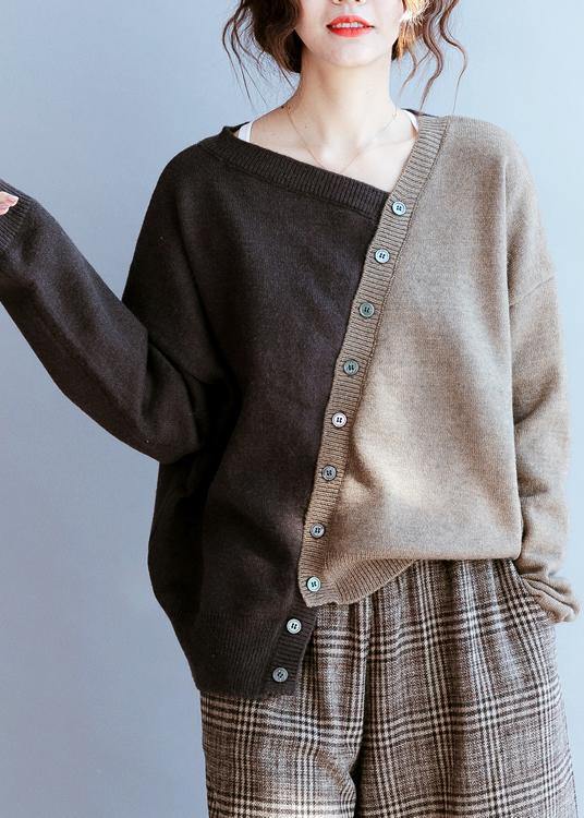 Fall Chocolate Knitted Blouse V Neck Patchwork Sweater Tops