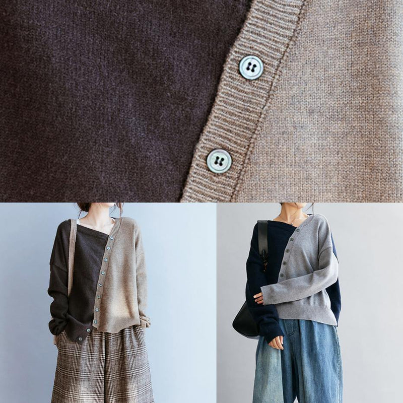 Fall Chocolate Knitted Blouse V Neck Patchwork Sweater Tops