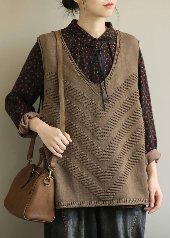 Fall Knit Outwear Brown V Neck Sleeveless Knitted Cardigans