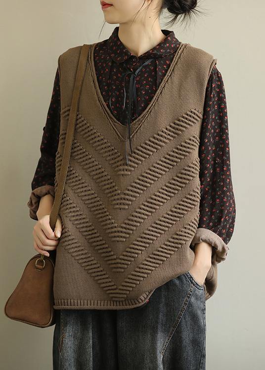 Fall Knit Outwear Brown V Neck Sleeveless Knitted Cardigans