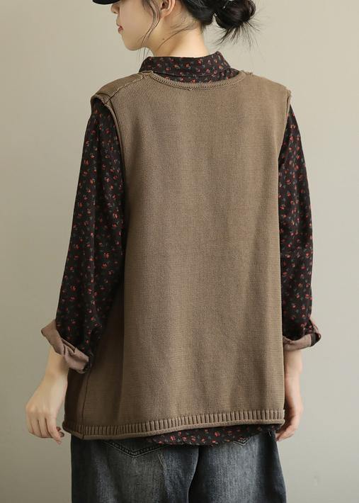 Fall Knit Outwear Brown V Neck Sleeveless Knitted Cardigans