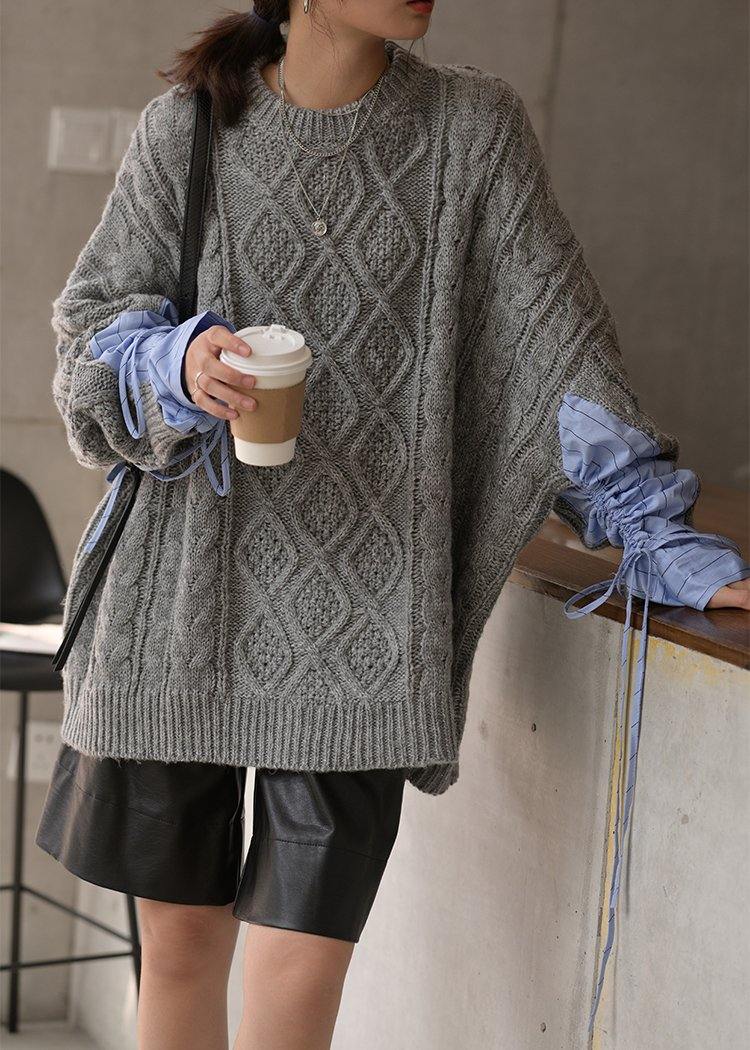 Gray Knitted Blouse O Neck Patchwork Clothes for