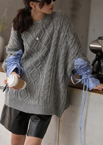 Gray Knitted Blouse O Neck Patchwork Clothes for