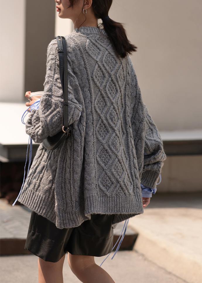 Gray Knitted Blouse O Neck Patchwork Clothes for