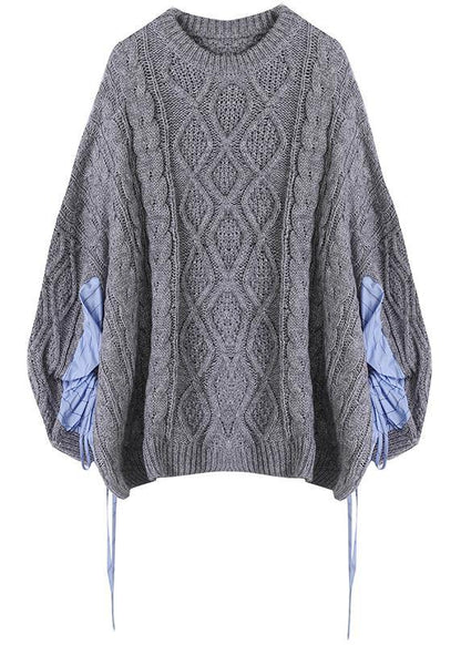 Gray Knitted Blouse O Neck Patchwork Clothes for