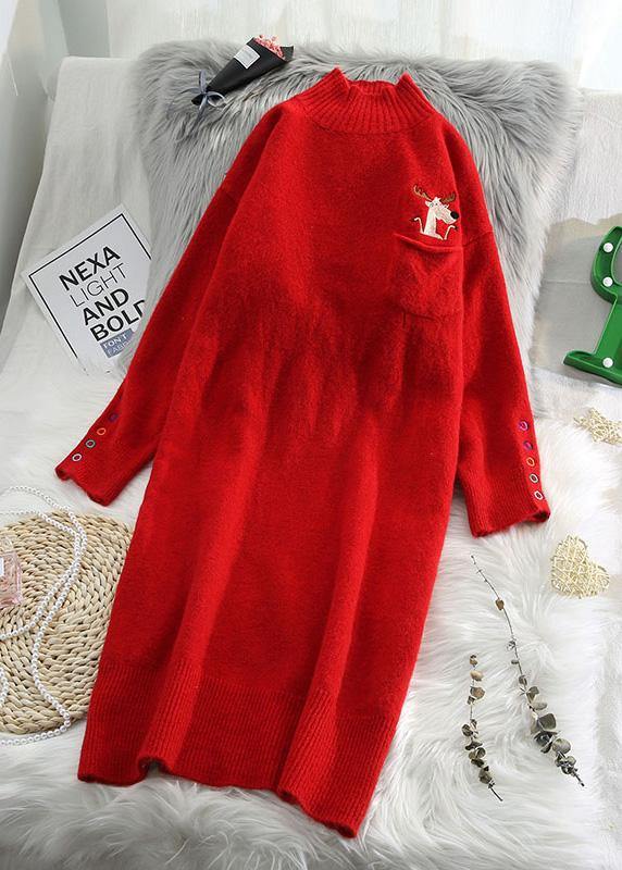 Half High Neck Sweater Spring Weather Red Mujer Knit Dress