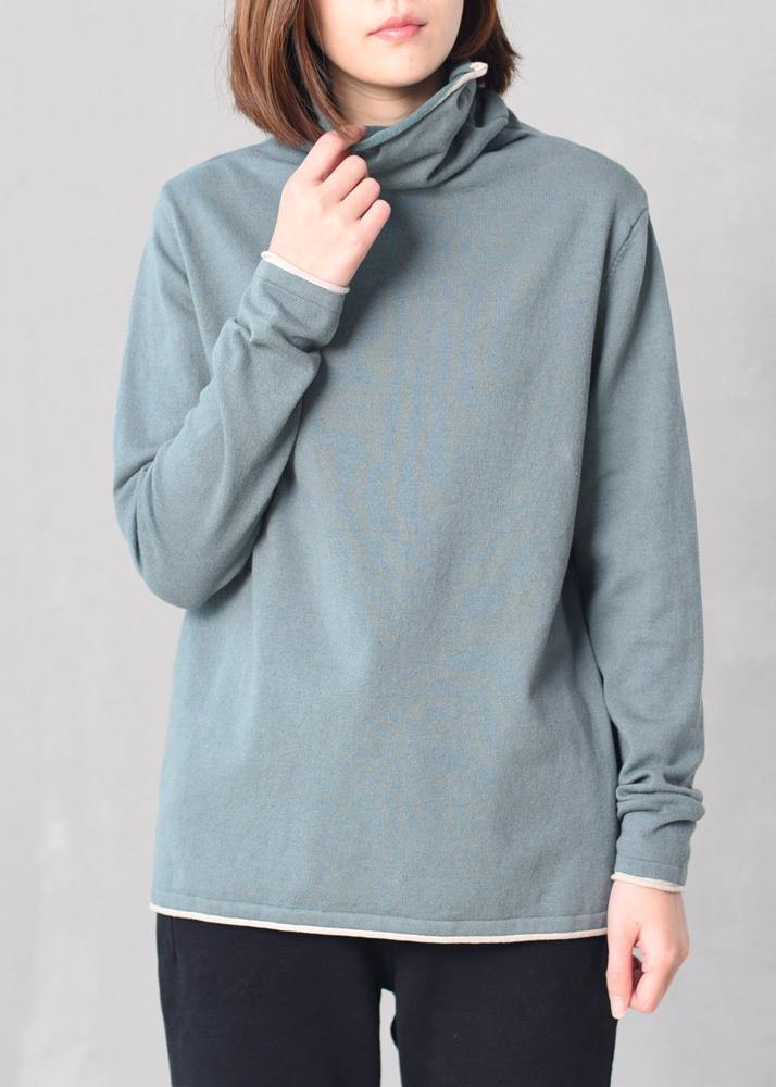 Long Sleeve Knit Tops High Neck Sweater Blue