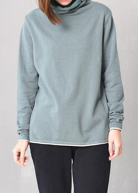 Long Sleeve Knit Tops High Neck Sweater Blue