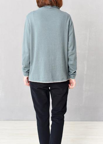 Long Sleeve Knit Tops High Neck Sweater Blue