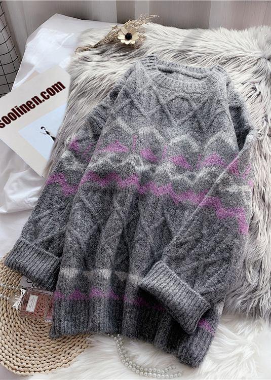 O Neck Sweater Dress Outfit Dark Gray Striped Oversized Knit Dresses