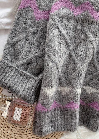 O Neck Sweater Dress Outfit Dark Gray Striped Oversized Knit Dresses