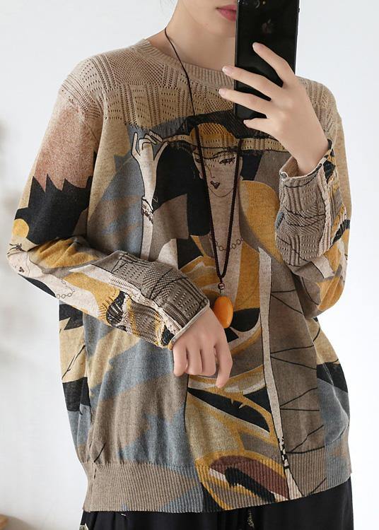O Neck Yellow Print Sweaters Loose Fitting Batwing Sleeve Knitted Top