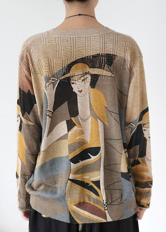 O Neck Yellow Print Sweaters Loose Fitting Batwing Sleeve Knitted Top