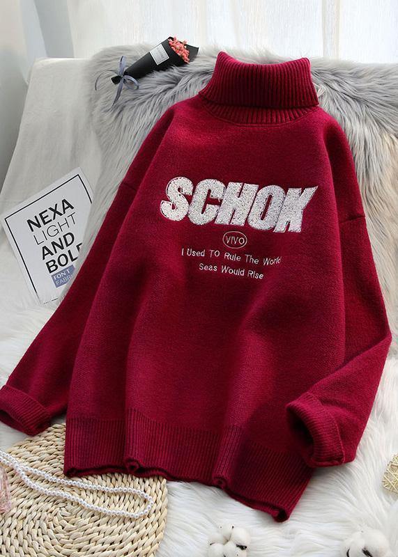 Orange Knitted Clothes Alphabet Oversize High Neck Knit Sweat Tops