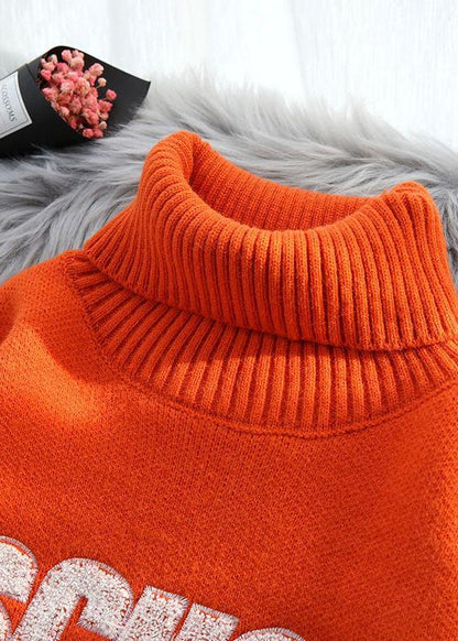 Orange Knitted Clothes Alphabet Oversize High Neck Knit Sweat Tops