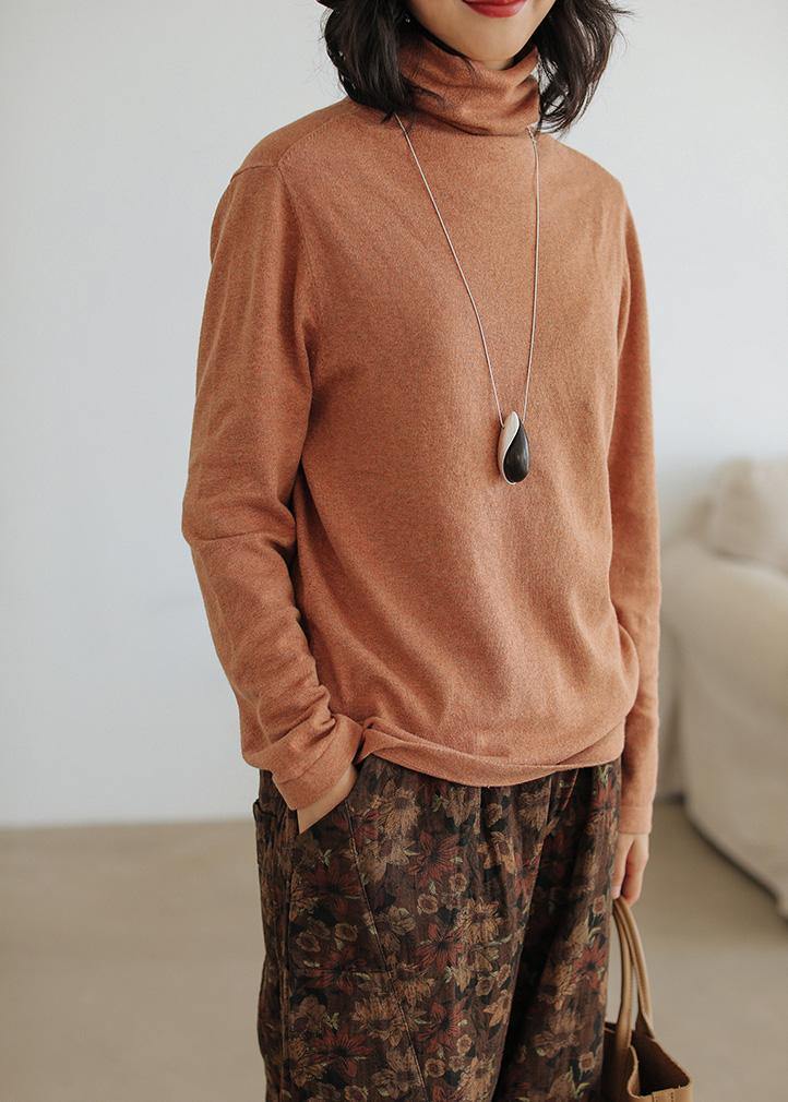 Orange Knitted Pullover High Neck Loose Fitting Knitwear