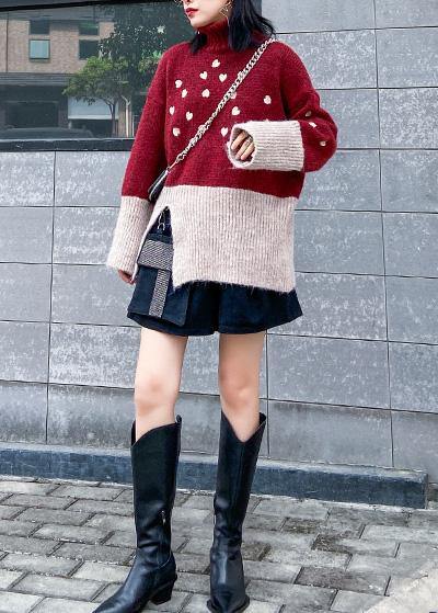 Red Clothes for Side Open Fall Patchwork Knit Sweat Tops