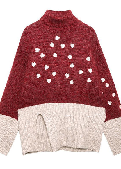 Red Clothes for Side Open Fall Patchwork Knit Sweat Tops