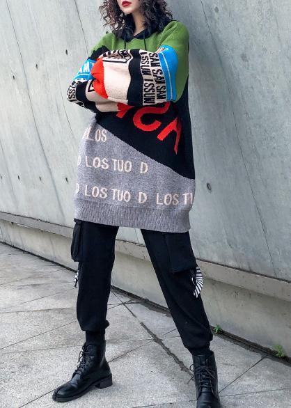 Winter Patchwork Prints Knitwear Hooded Knitted T Shirt