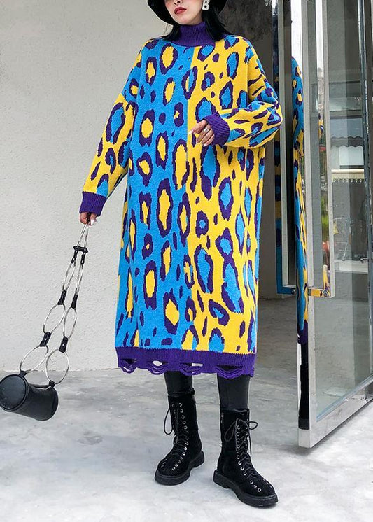 Yellow Prints Sweater Knit Top Pattern Winter Big Patchwork Sweater Dresses