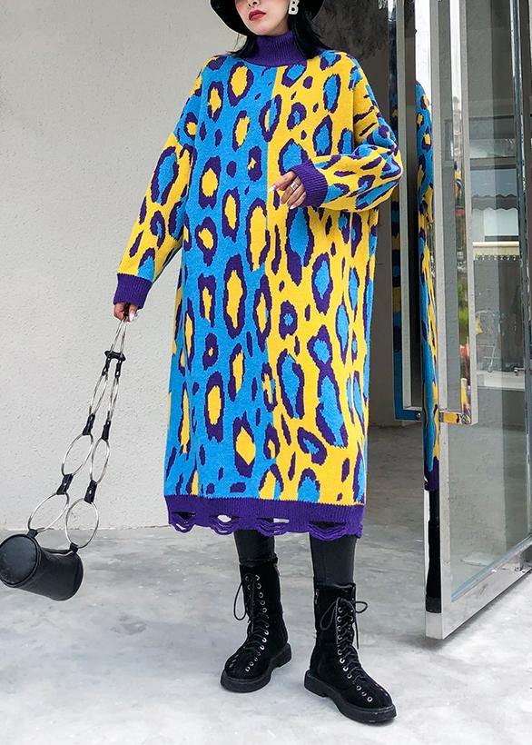 Yellow Prints Sweater Knit Top Pattern Winter Big Patchwork Sweater Dresses
