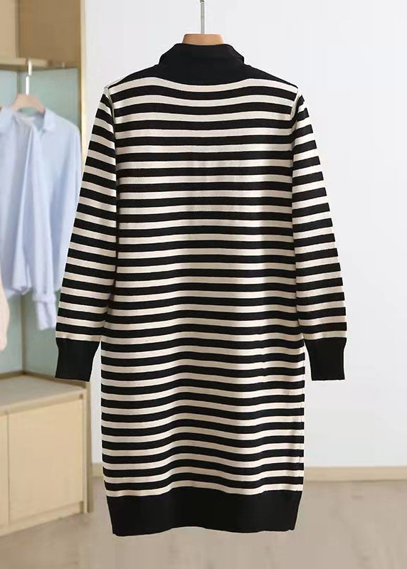 Black Striped Sweater Knit Top Pattern Upcycle Polo Collar Oversized Winter Knitwear