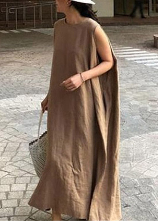 Diy Apricot O-neck Linen Long Dresses Summer
