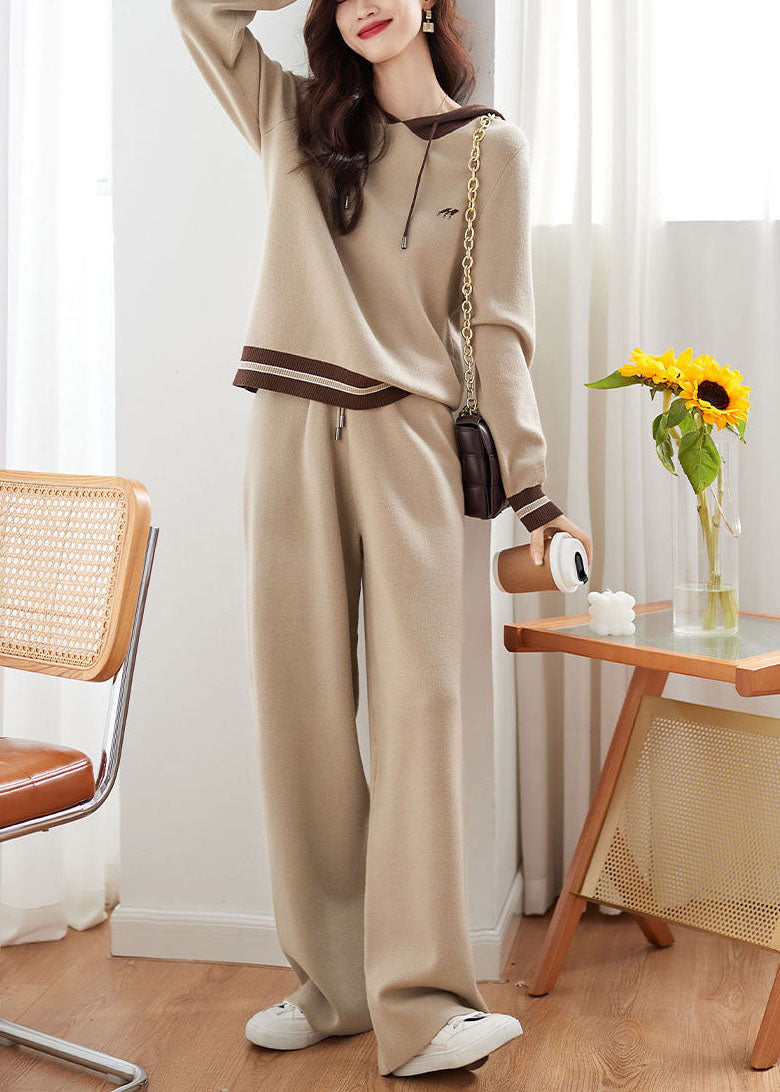 Diy Apricot Patchwork Drawstring Hoodie Coats and Pants Two Pieces Set Fall