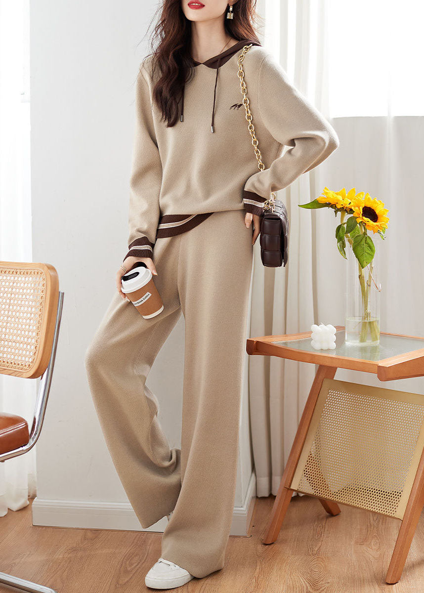 Diy Apricot Patchwork Drawstring Hoodie Coats and Pants Two Pieces Set Fall