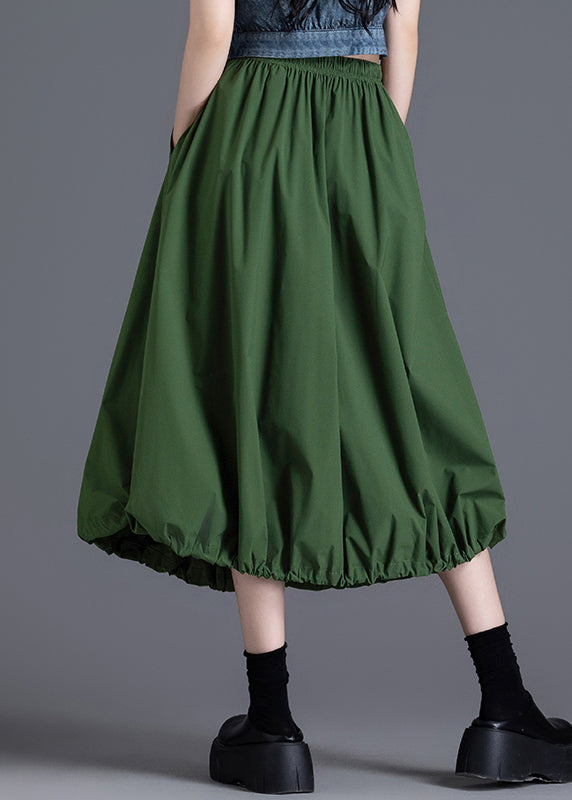 Diy Army Green Elastic Waist Drawstring Cotton Skirt Spring