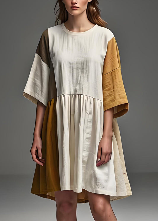 Diy Beige O Neck Wrinkled Patchwork Linen Dresses Summer