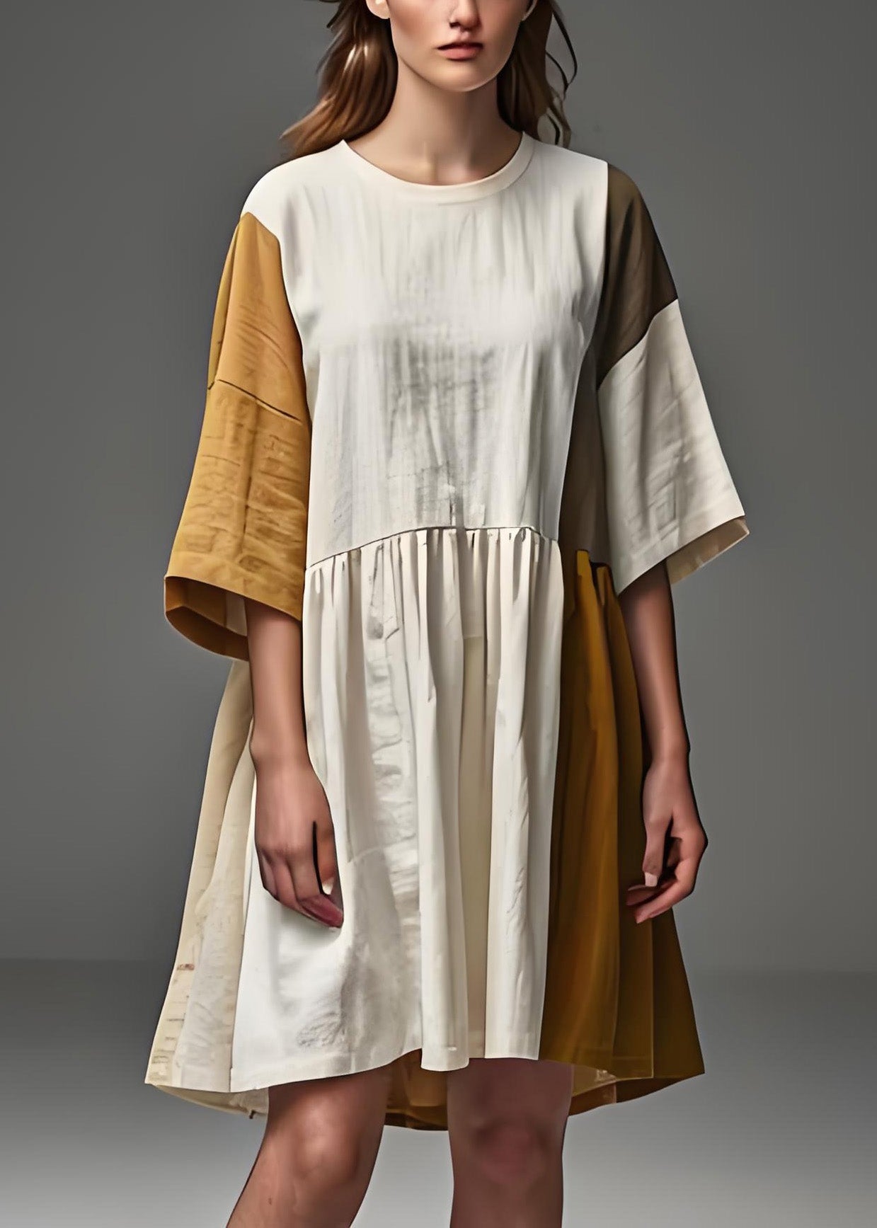 Diy Beige O Neck Wrinkled Patchwork Linen Dresses Summer