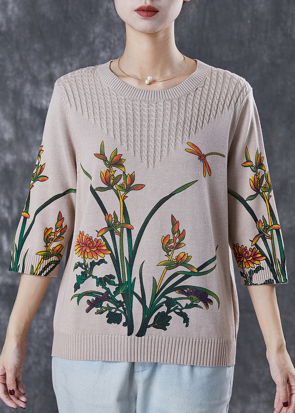 Diy Beige Oversized Print Knitted Tops Spring