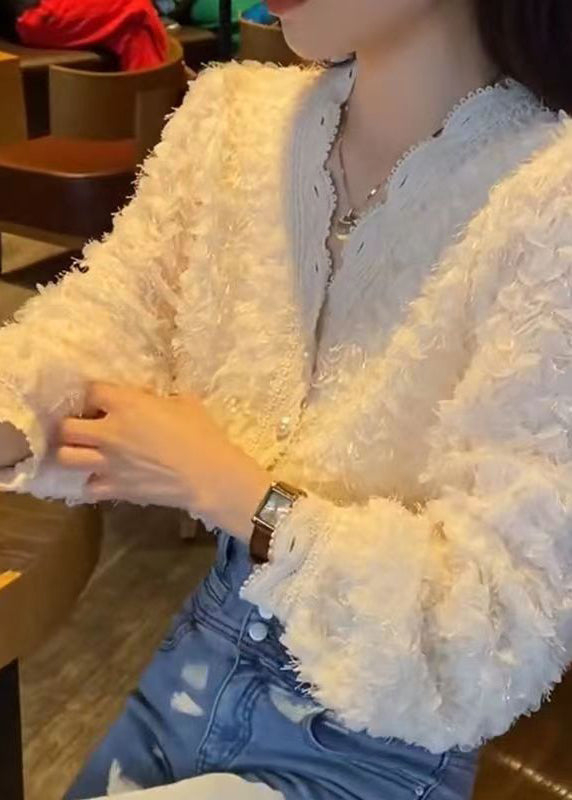Diy Beige V Neck Pearl Button Fluffy Lace Patchwork Chiffon Shirts Long Sleeve