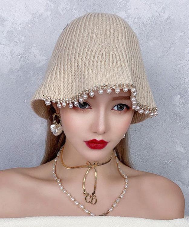 Diy Beige Zircon Pearl Knit Bucket Hat